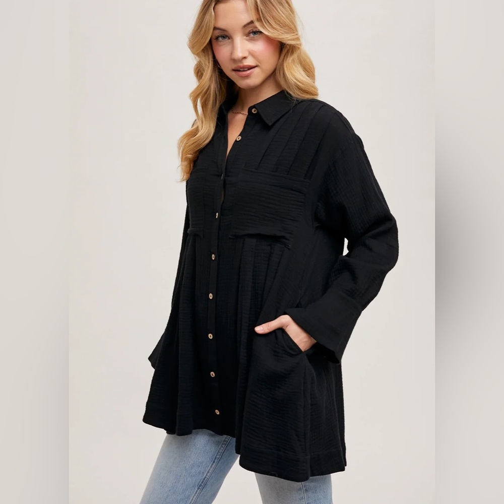 FREE PEOPLE The Voyager Shirtdress | Black | Button Front Pleated Tunic | Medium - Picture 2 of 7
